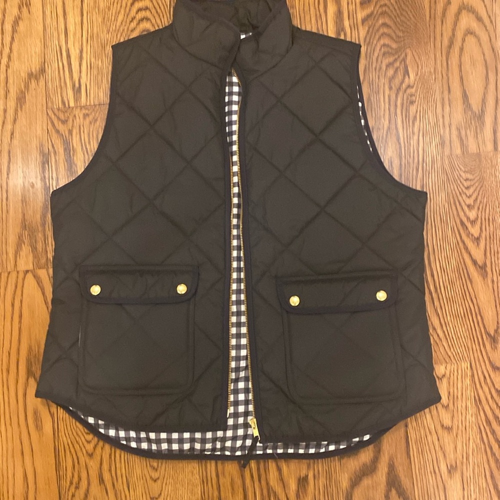 J Crew black quilted vest with check inside .  New without tags